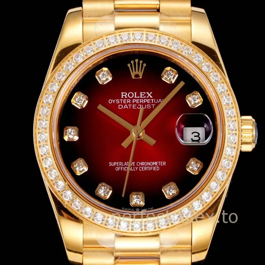 Rolex Oyster Perpetual Datejust gold watch with red gradient dial, diamond hour markers, diamond bezel, and magnified date window.