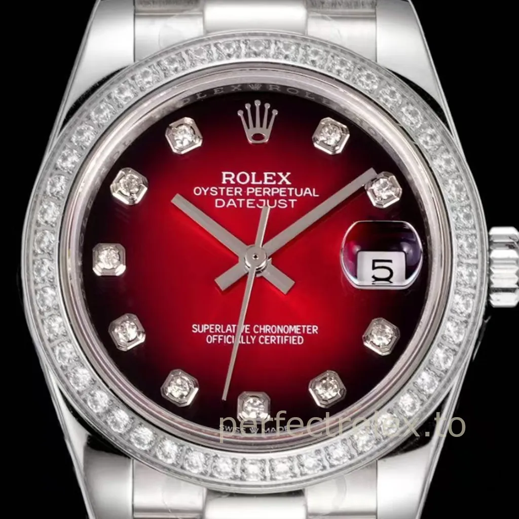 Rolex Oyster Perpetual Datejust silver watch with red gradient dial, diamond hour markers, diamond bezel, and magnified date window.