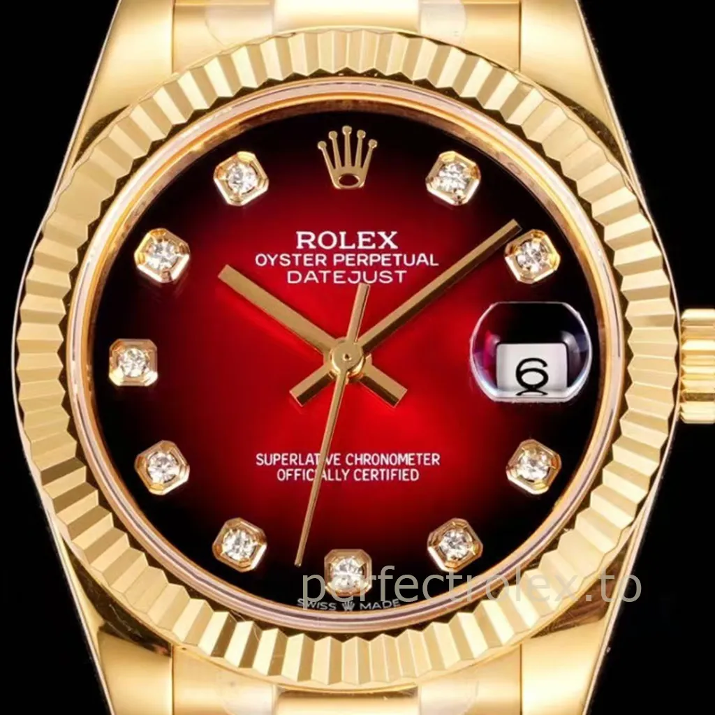 Rolex Oyster Perpetual Datejust gold watch with red gradient dial, diamond hour markers, fluted bezel, and magnified date window.