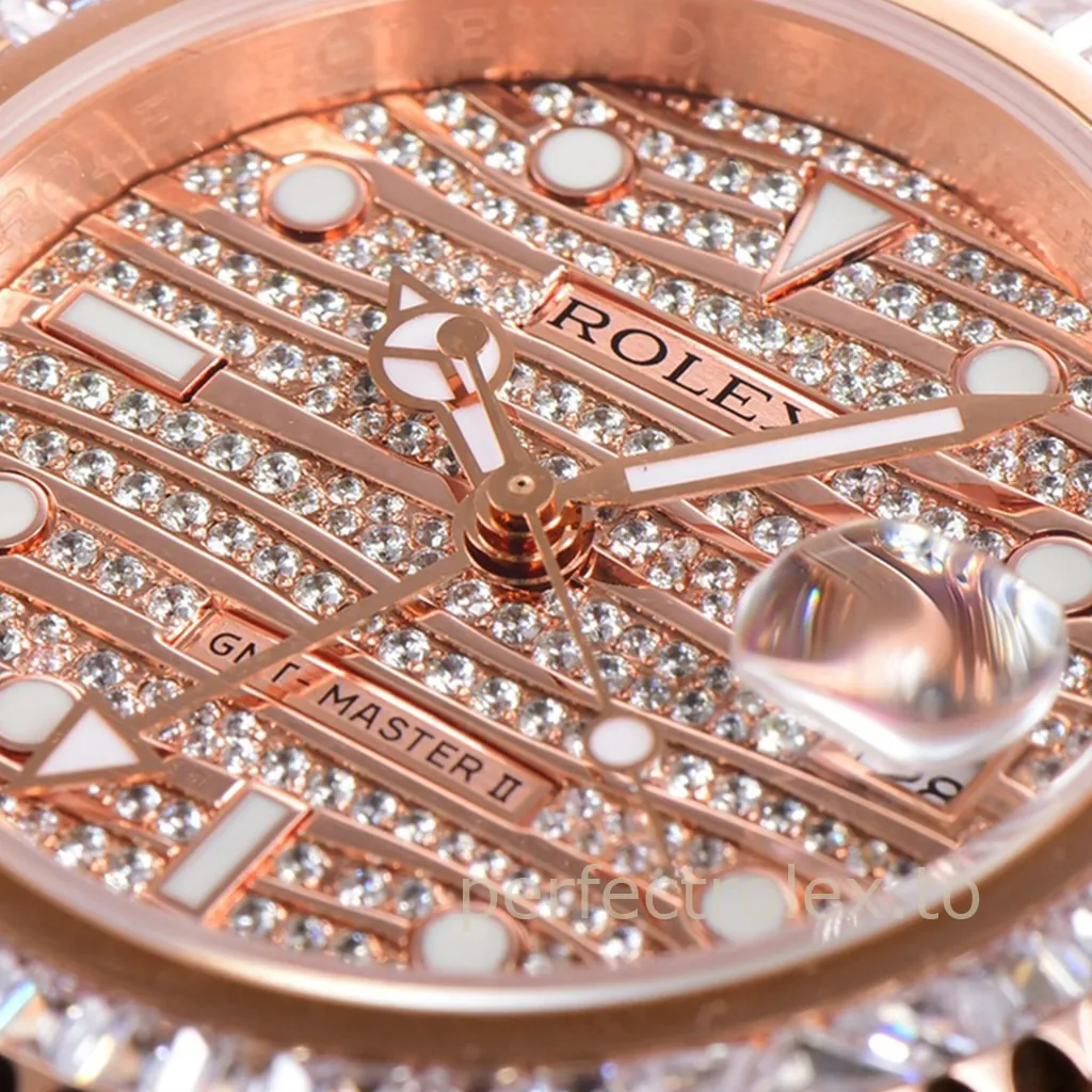 Rolex GMT-Master II with rose gold diamond pavé dial, luminous hour markers, Mercedes hands, and Cyclops date window.