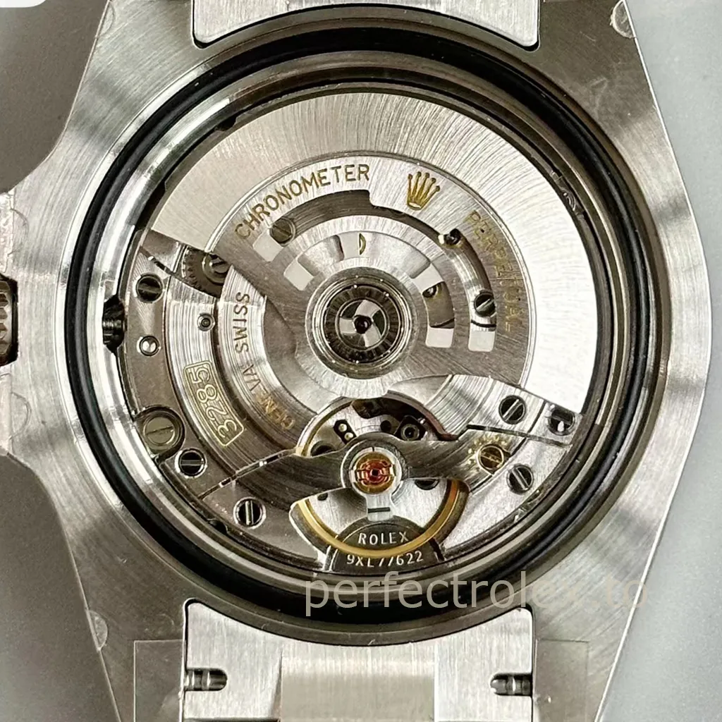Close-up of a Rolex GMT-Master II Caliber 3285 automatic movement through a transparent exhibition caseback.