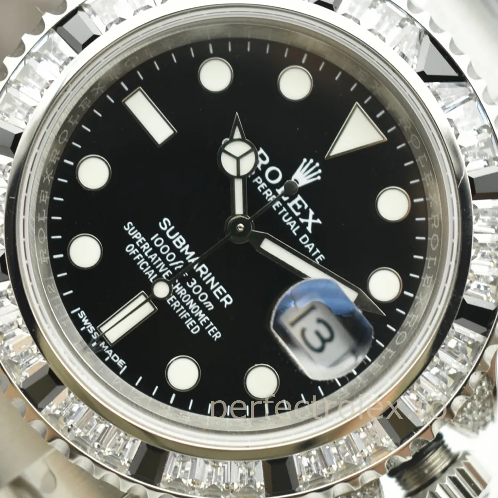 Close-up of a custom Rolex Submariner Date with a black dial, luminous hour markers, Cyclops date window, and diamond-set bezel.