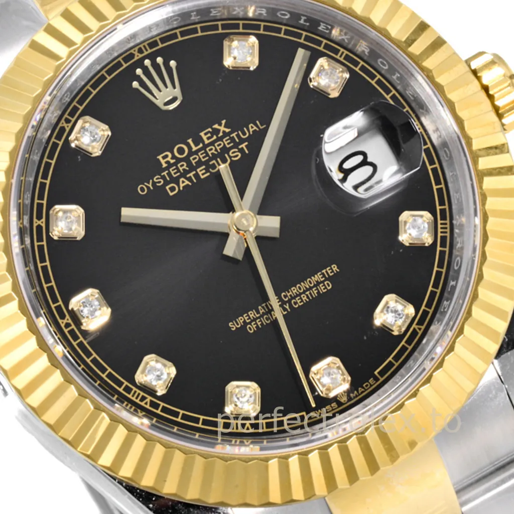 Rolex Oyster Perpetual Datejust watch with a black diamond dial, yellow gold fluted bezel, and magnified date window.