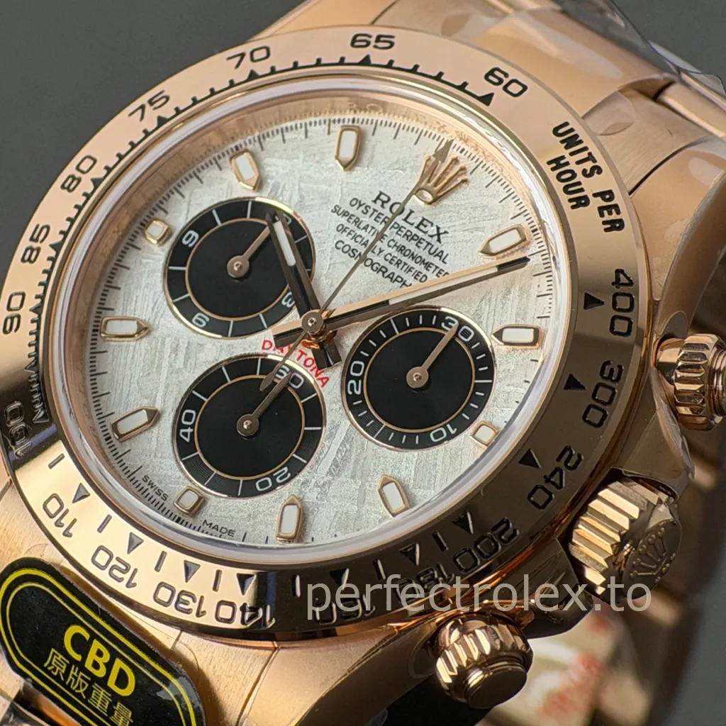 Rolex Cosmograph Daytona 116505 rose gold watch with meteorite dial and black chronograph sub-dials