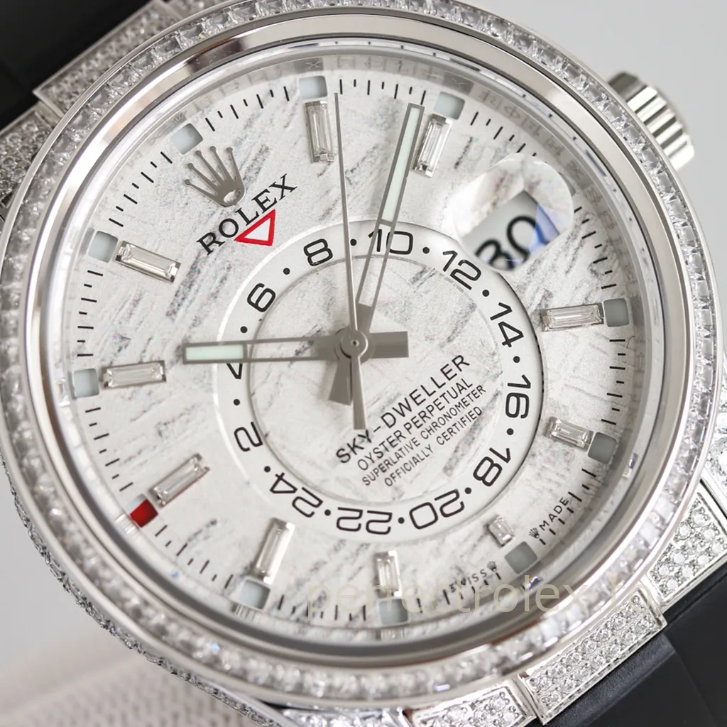 Rolex Sky-Dweller Oyster Perpetual luxury watch with a textured white dial, diamond-set bezel and hour markers, dual-time display, and magnified date window.
