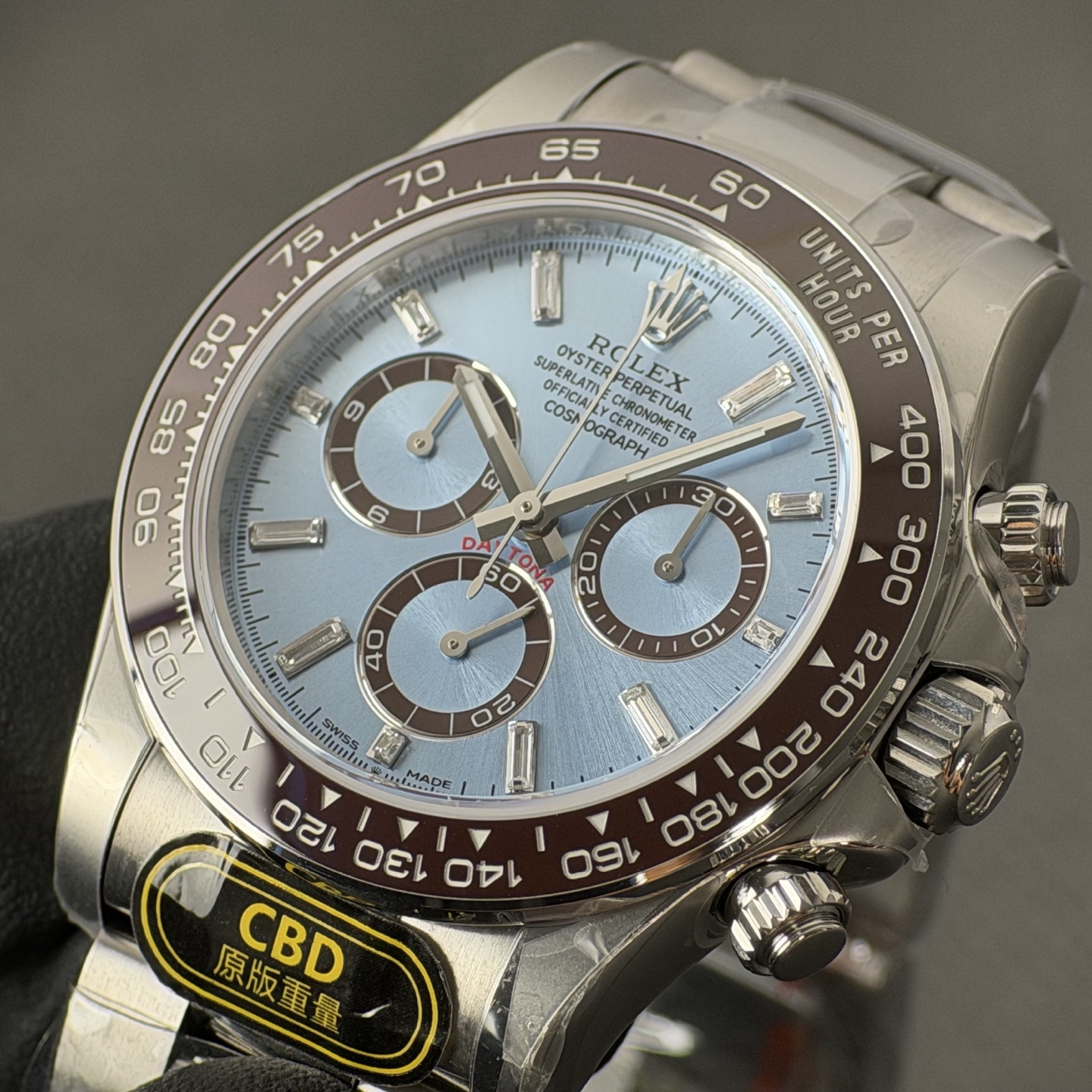Rolex Daytona Cosmograph 116506 ice blue dial chronograph watch with brown ceramic bezel close-up