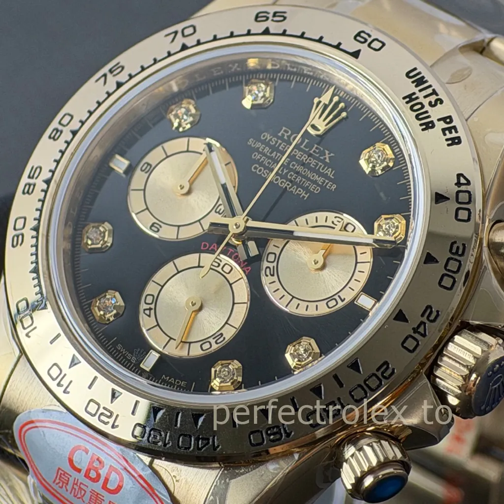 Rolex Cosmograph Daytona Yellow Gold Black Diamond Dial Chronograph Watch with Tachymeter Bezel