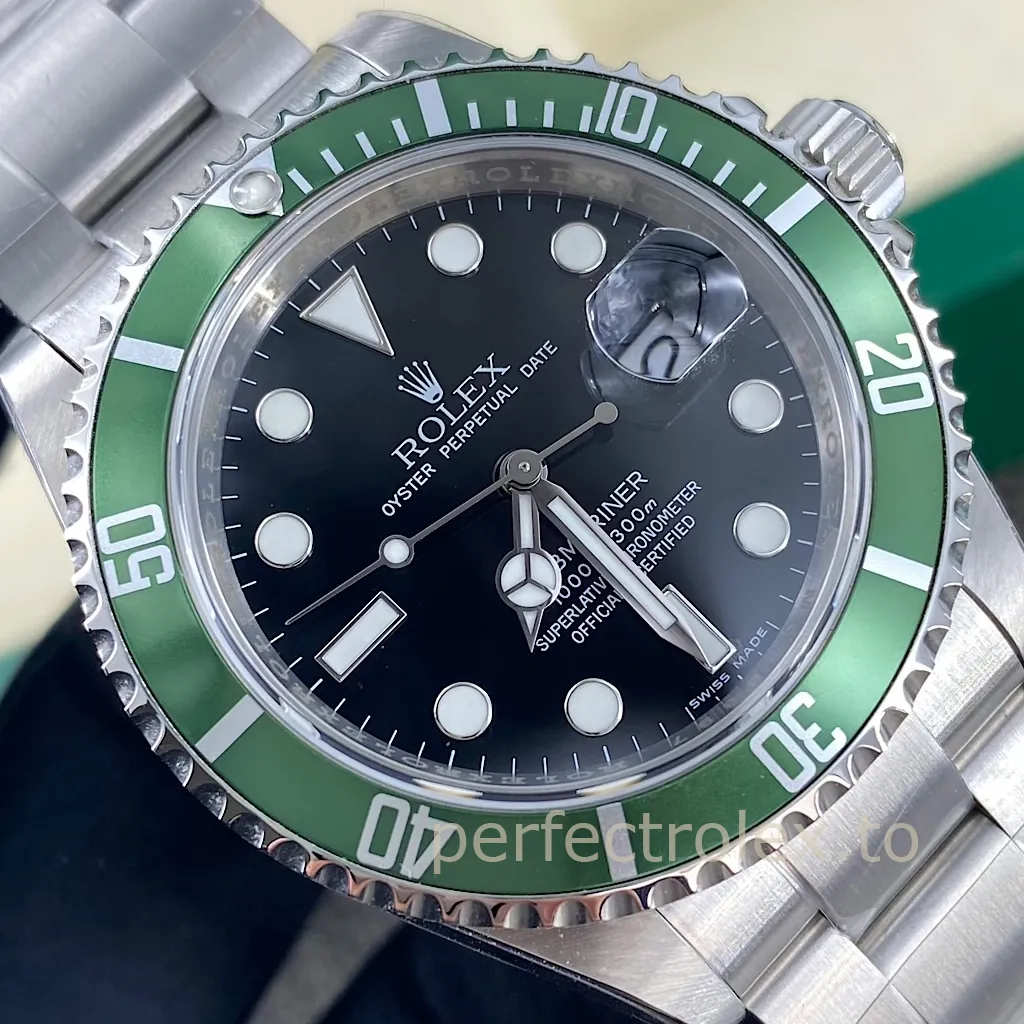 Close-up of a Rolex Submariner Date featuring a green bezel, black dial and stainless steel Oyster bracelet.