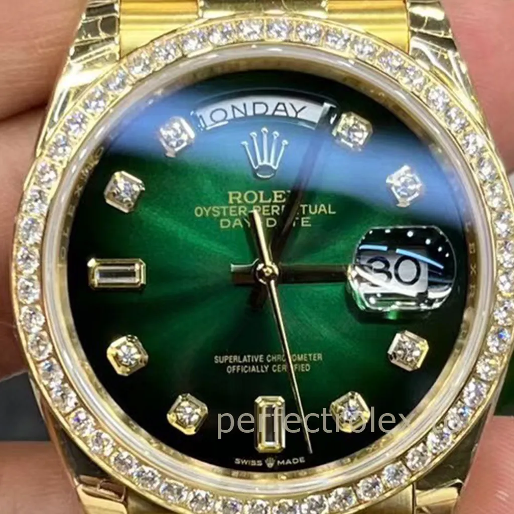 Rolex Oyster Perpetual Day-Date in yellow gold with a green dial, diamond hour markers, diamond-set bezel, Cyclops date window and President bracelet.