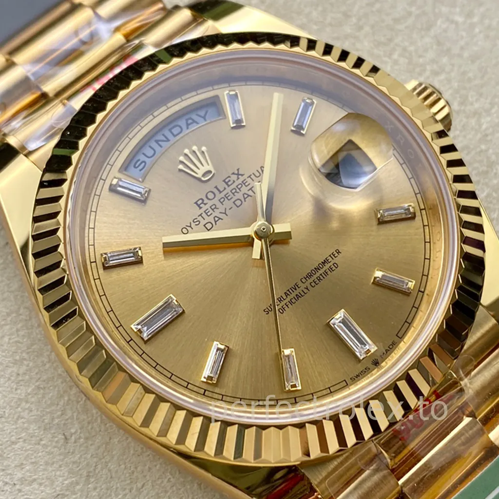 Rolex Day-Date yellow gold watch with a champagne sunburst dial, baguette diamond hour markers, fluted bezel, President bracelet, full-day display, and Cyclops date window.