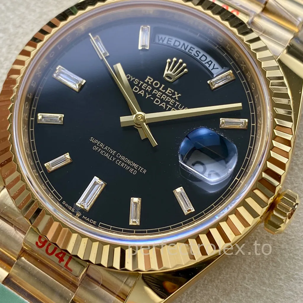 Rolex Day-Date yellow gold watch with a black dial, baguette diamond hour markers, fluted bezel, President bracelet, full-day display, and Cyclops date window.