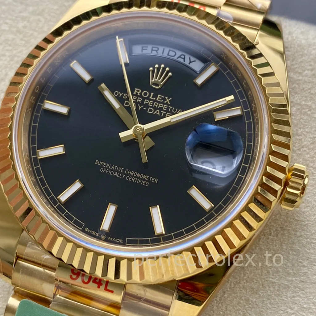 Rolex Day-Date yellow gold watch with a black dial, luminous baton hour markers, fluted bezel, President bracelet, full-day display, and Cyclops date window.