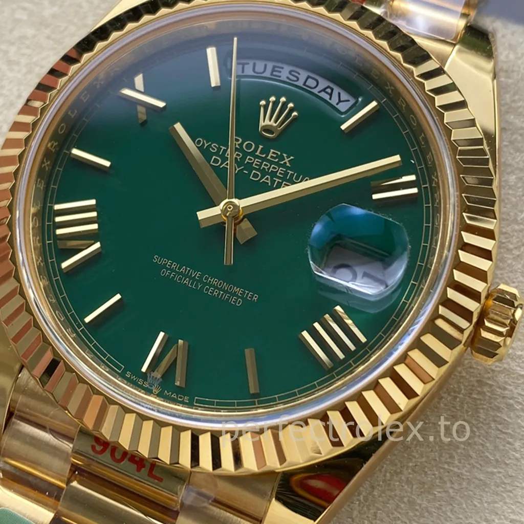 Rolex Day-Date yellow gold watch with a green dial, gold Roman numeral markers, fluted bezel, President bracelet, full-day display, and Cyclops date window.