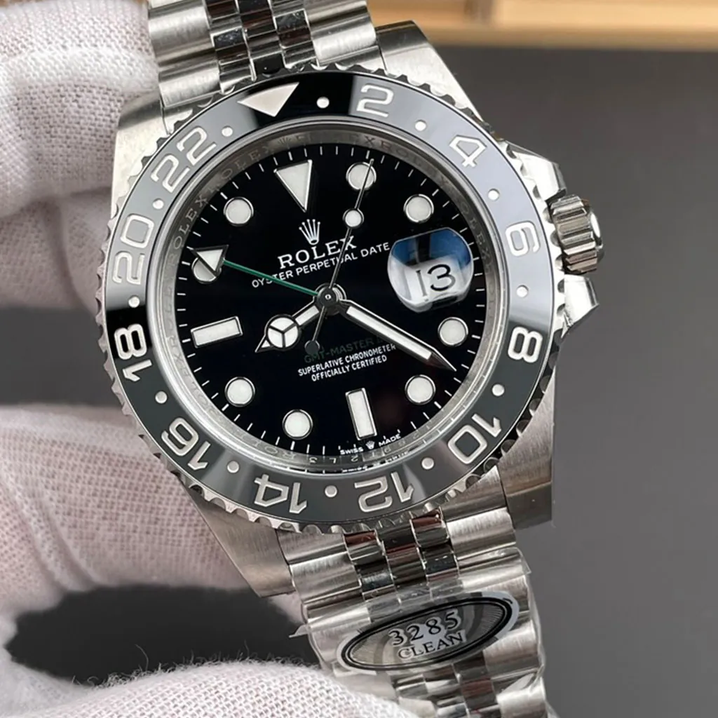 Rolex-GMT-Master-II-126710GRNR-Super-Clone-Watch-40mm-Grey-Black-Bezel-Jubilee-Bracelet-Front-View-2