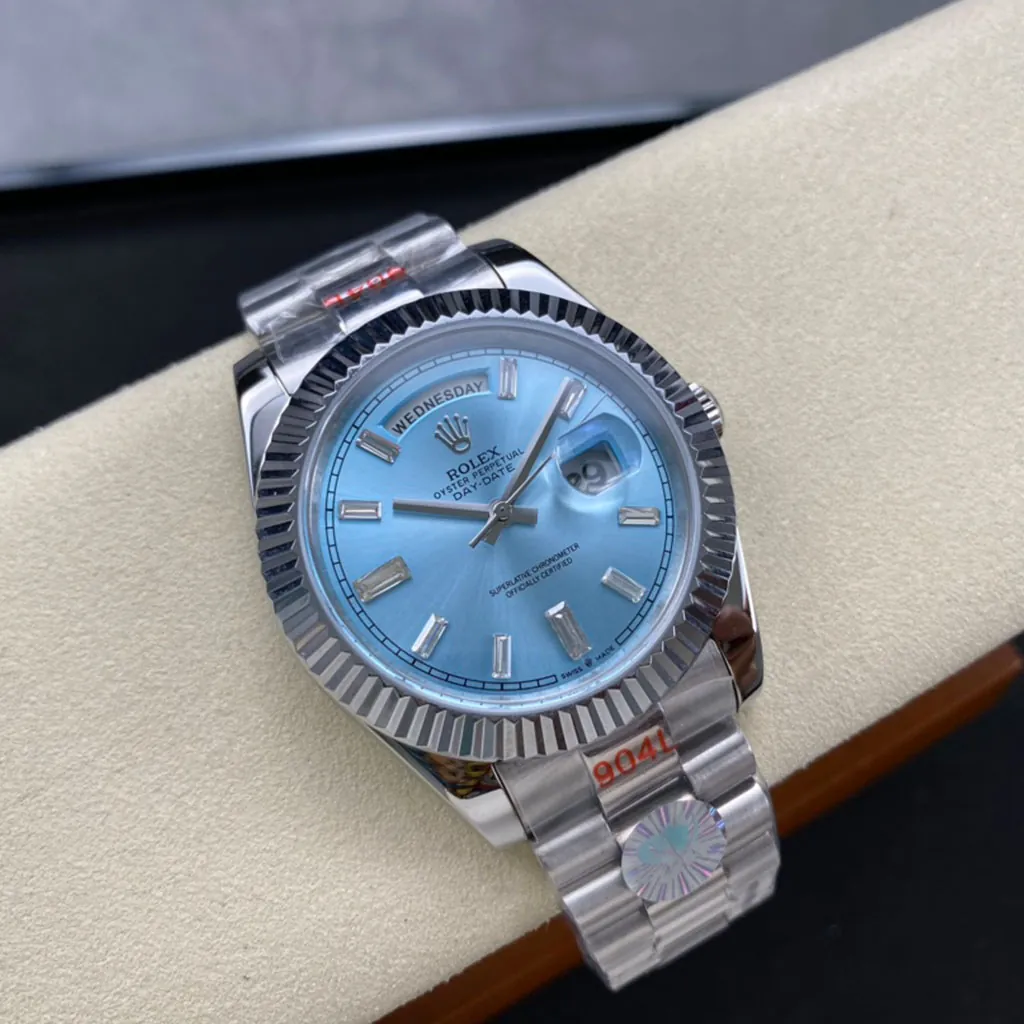 Rolex-Day-Date-M228236-0006-Super-Clone-Watch-40mm-Ice-Blue-Dial-Baguette-Diamond-Markers-Display-Image