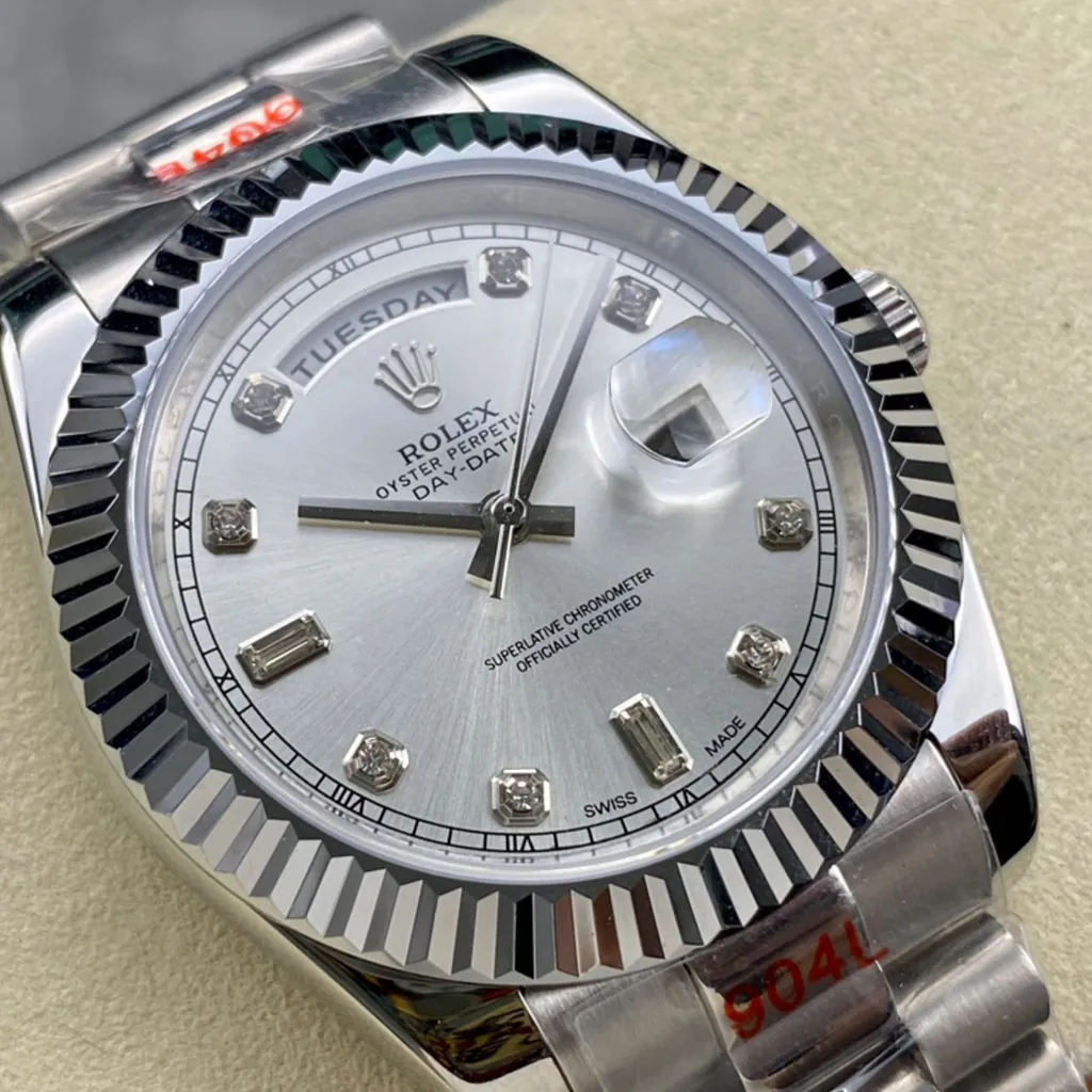 Rolex-Day-Date-218239-0006-Best-Replica-Watch-with-Silver-Sunburst-Diamond-Marker-Dial-Dial-Detail-2