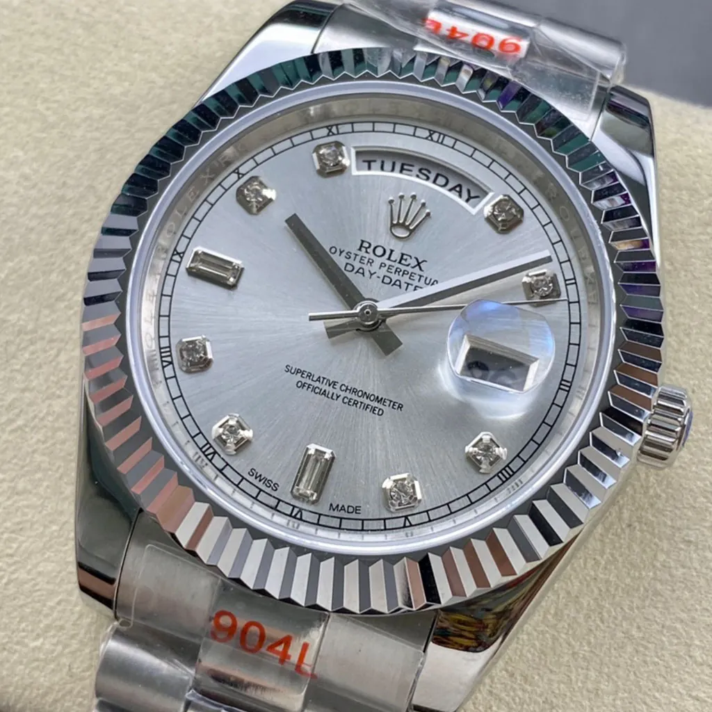 Rolex-Day-Date-218239-0006-Best-Replica-Watch-with-Silver-Sunburst-Diamond-Marker-Dial-Dial-Detail-1