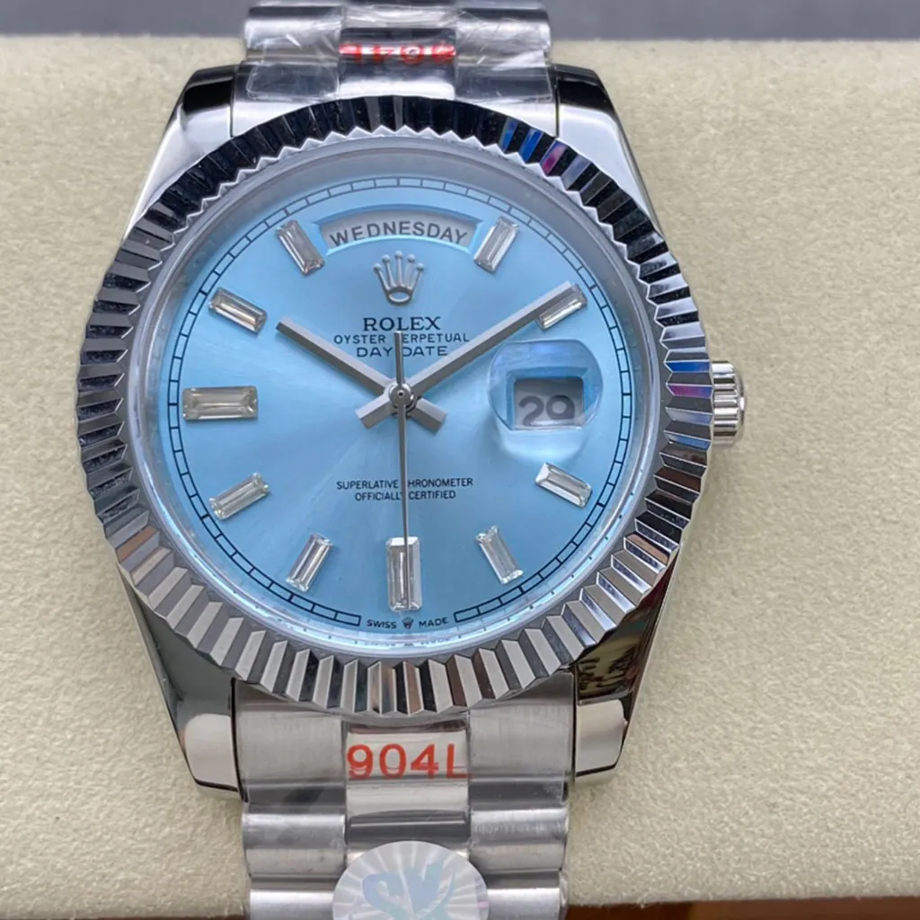 Rolex-Day-Date-M228236-0006-Super-Clone-Watch-40mm-Ice-Blue-Dial-Baguette-Diamond-Markers-Front-View-1