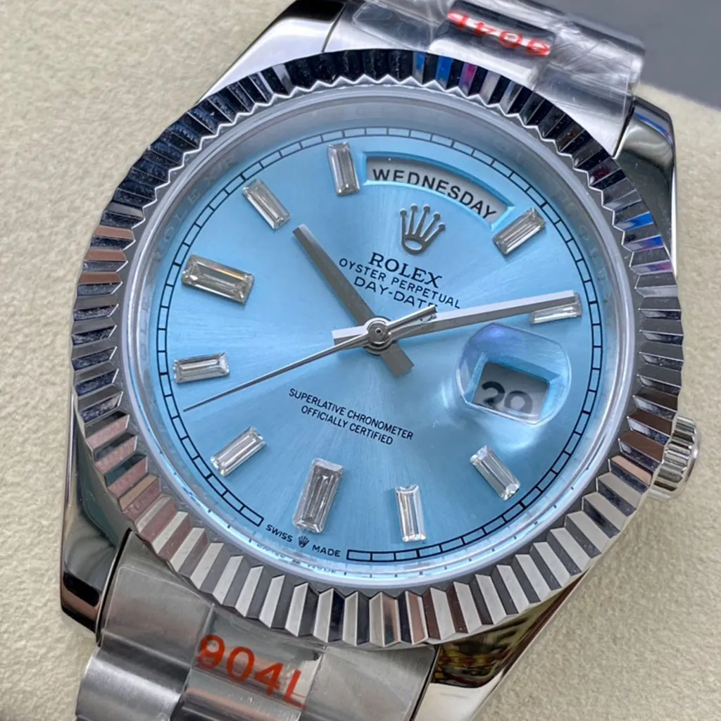 Rolex-Day-Date-M228236-0006-Super-Clone-Watch-40mm-Ice-Blue-Dial-Baguette-Diamond-Markers-Dial-Detail-2