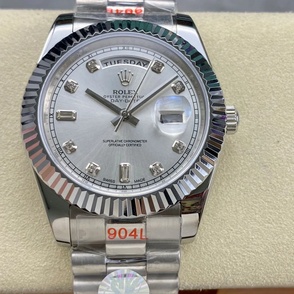 Rolex-Day-Date-218239-0006-Best-Replica-Watch-with-Silver-Sunburst-Diamond-Marker-Dial-Front-View-1