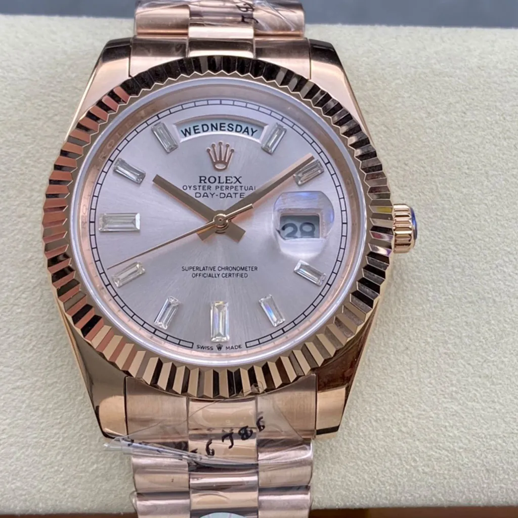 Rolex-Day-Date-M228235-0004-Super-Clone-Watch-40mm-Rose-Gold-Dial-Baguette-Diamond-Markers-Front-View-1