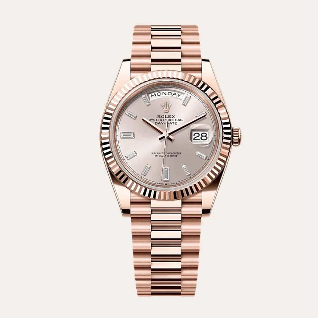 Rolex-Day-Date-M228235-0004-Super-Clone-Watch-40mm-Rose-Gold-Dial-Baguette-Diamond-Markers-Hero-Image