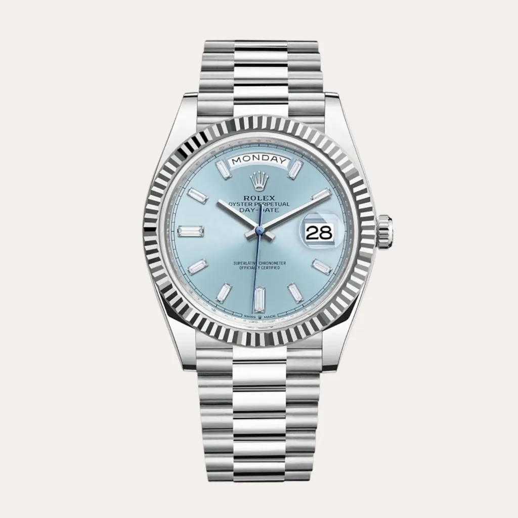Rolex-Day-Date-M228236-0006-Super-Clone-Watch-40mm-Ice-Blue-Dial-Baguette-Diamond-Markers-Hero-Image