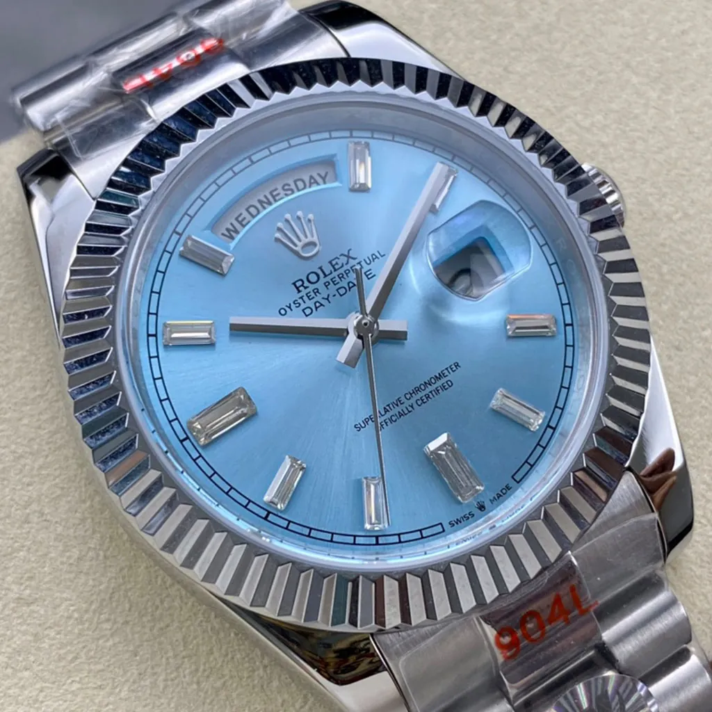 Rolex-Day-Date-M228236-0006-Super-Clone-Watch-40mm-Ice-Blue-Dial-Baguette-Diamond-Markers-Dial-Detail-1