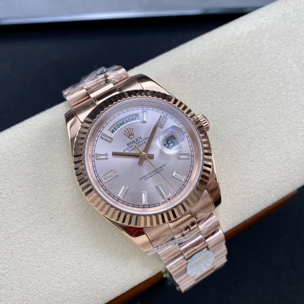 Rolex-Day-Date-M228235-0004-Super-Clone-Watch-40mm-Rose-Gold-Dial-Baguette-Diamond-Markers-Display-Image