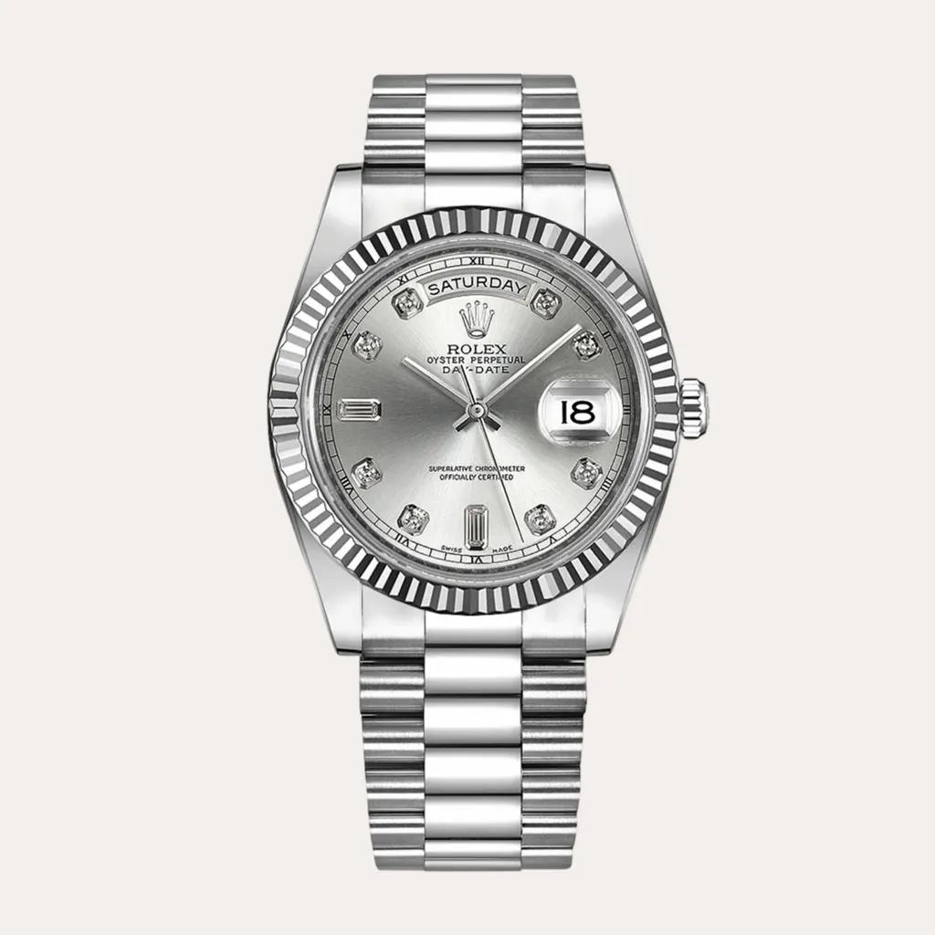 Rolex-Day-Date-218239-0006-Best-Replica-Watch-with-Silver-Sunburst-Diamond-Marker-Dial-Hero-Image