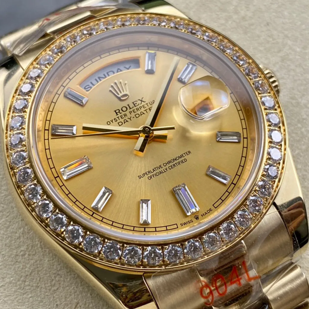 Rolex-Day-Date-M228348RBR-0002-AAAAA-40mm-Gold-Dial-Diamond-Bezel-President-Watch-Swiss-Clone-Dial-Detail-1