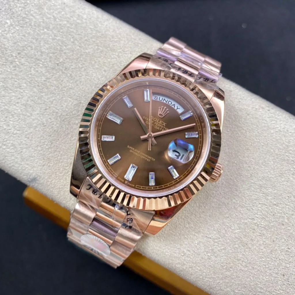 Rolex-Day-Date-228235-Best-Replica-40mm-Chocolate-Dial-Everose-Gold-Diamond-Luxury-President-Watch-Display-Image