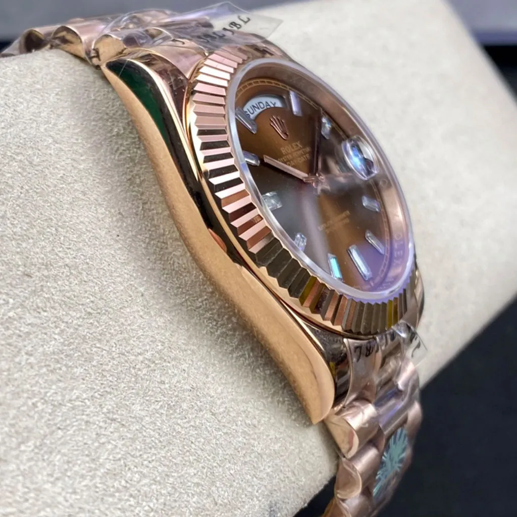 Rolex-Day-Date-228235-Best-Replica-40mm-Chocolate-Dial-Everose-Gold-Diamond-Luxury-President-Watch-Left-Side-View