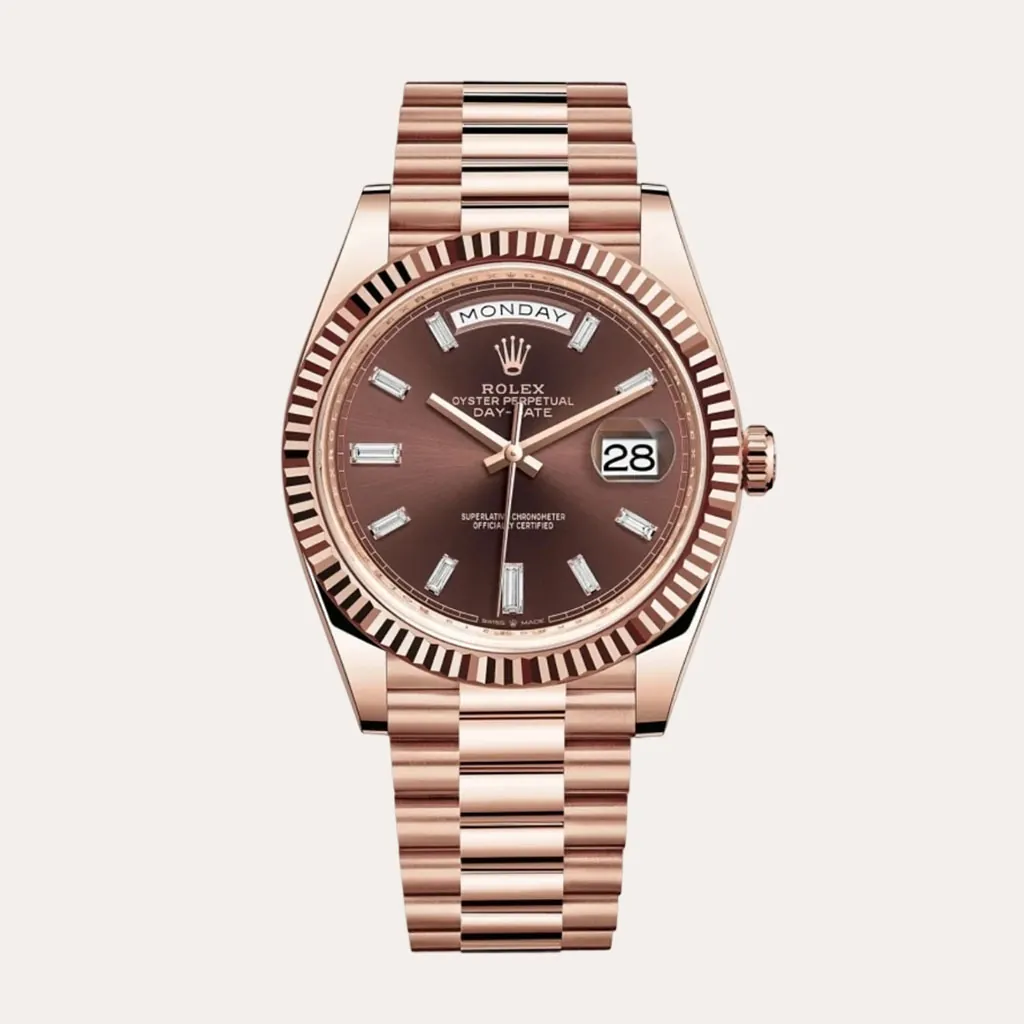 Rolex-Day-Date-228235-Best-Replica-40mm-Chocolate-Dial-Everose-Gold-Diamond-Luxury-President-Watch-Hero-Image