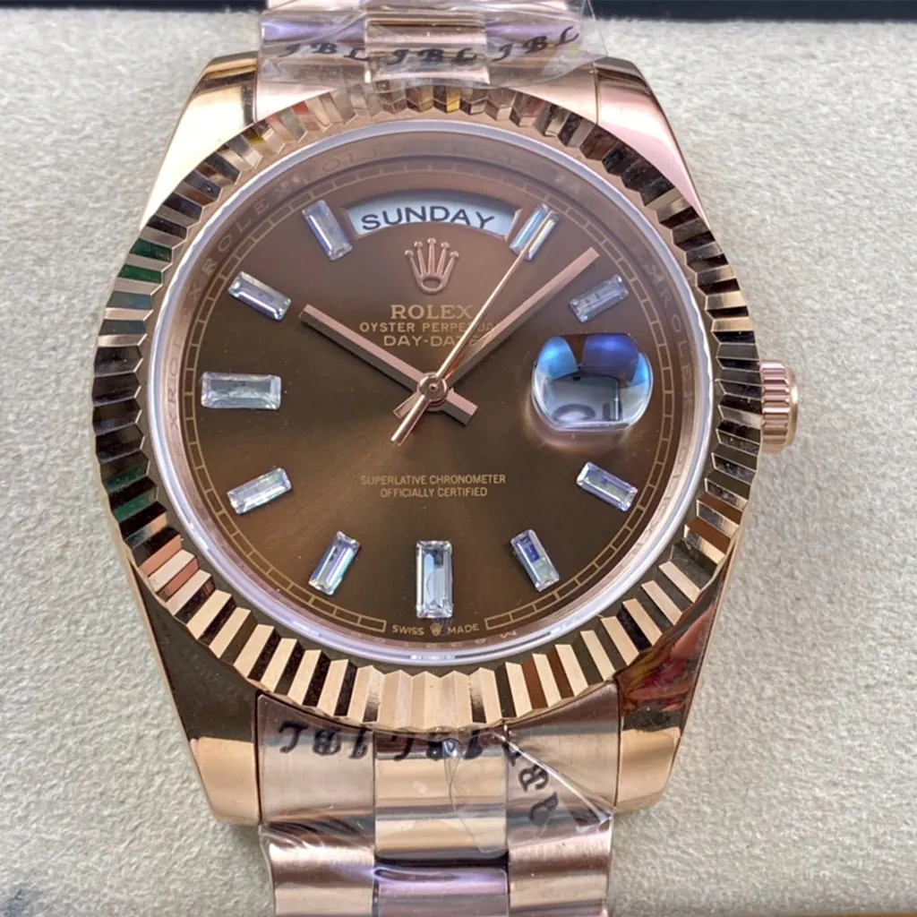 Rolex-Day-Date-228235-Best-Replica-40mm-Chocolate-Dial-Everose-Gold-Diamond-Luxury-President-Watch-Front-View-1
