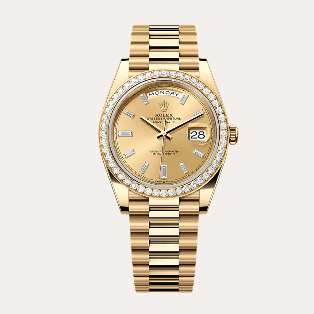 Rolex-Day-Date-M228348RBR-0002-AAAAA-40mm-Gold-Dial-Diamond-Bezel-President-Watch-Swiss-Clone-Hero-Image