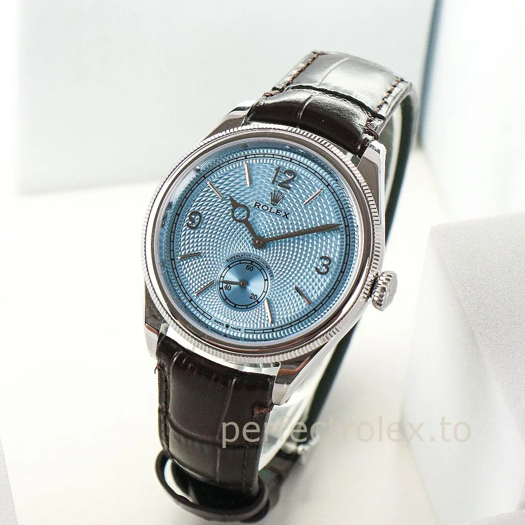 Rolex-Perpetual-1908-M52506-0002-Best-Replica-Watch-39mm-Ice-Blue-Guilloche-Dial-Leather-Strap-Front-View-2
