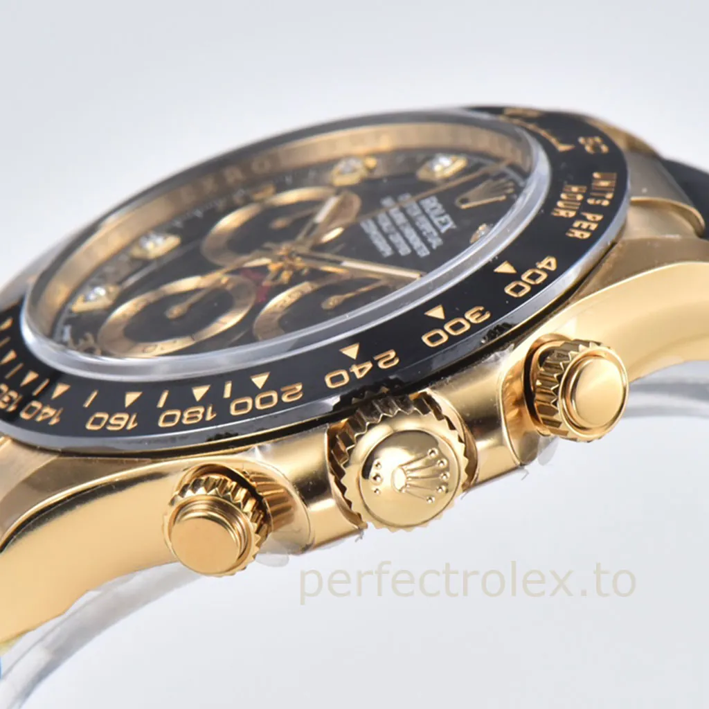 Rolex-Daytona-M116518LN-0078-Best-Replica-Watch-40mm-Black-Diamond-Dial-Gold-Eyes-Rubber-Strap-Right-Side-View-1