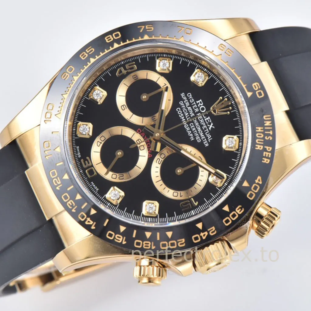 Rolex-Daytona-M116518LN-0078-Best-Replica-Watch-40mm-Black-Diamond-Dial-Gold-Eyes-Rubber-Strap-Dial-Detail-1