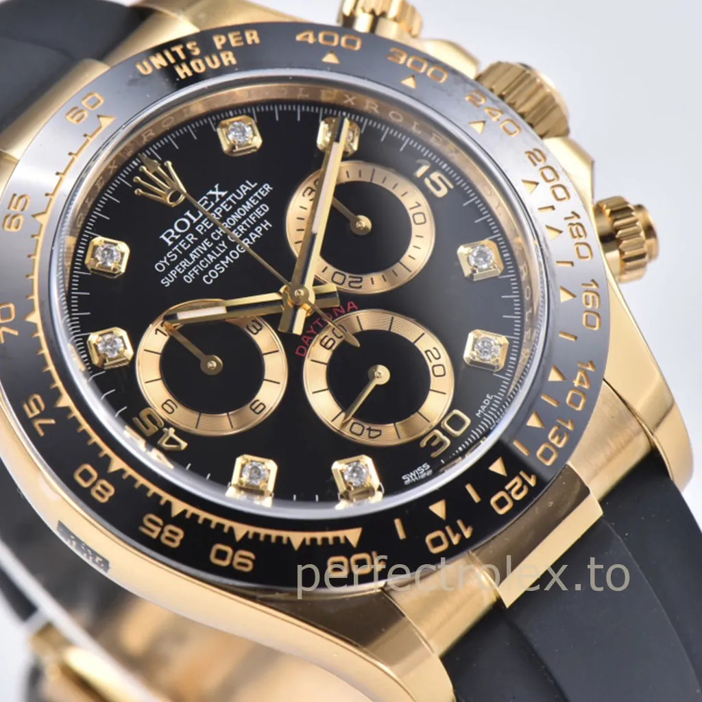 Rolex-Daytona-M116518LN-0078-Best-Replica-Watch-40mm-Black-Diamond-Dial-Gold-Eyes-Rubber-Strap-Dial-Detail-2