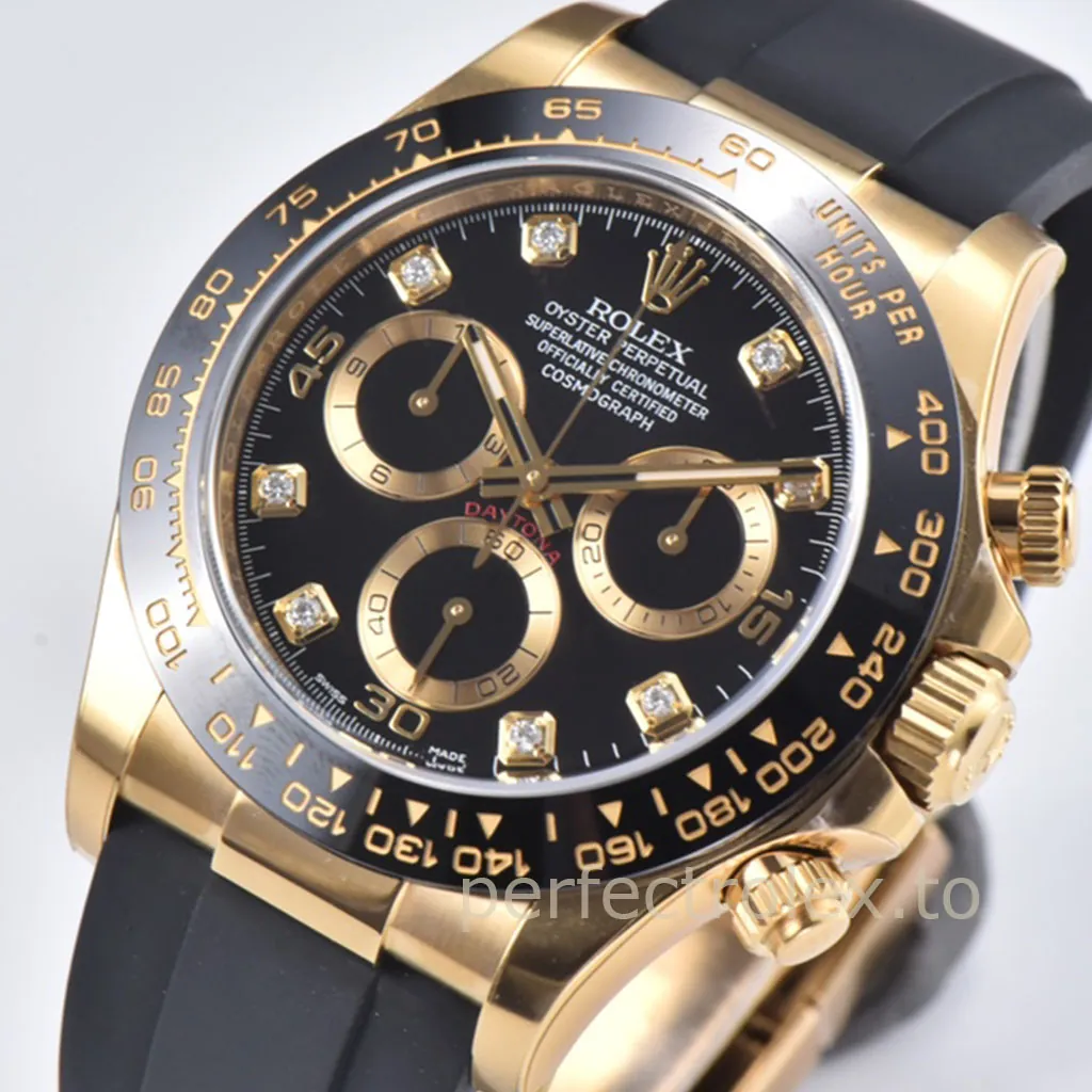 Rolex-Daytona-M116518LN-0078-Best-Replica-Watch-40mm-Black-Diamond-Dial-Gold-Eyes-Rubber-Strap-Dial-Detail-3
