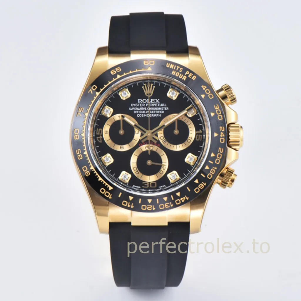 Rolex-Daytona-M116518LN-0078-Best-Replica-Watch-40mm-Black-Diamond-Dial-Gold-Eyes-Rubber-Strap-Front-View-1