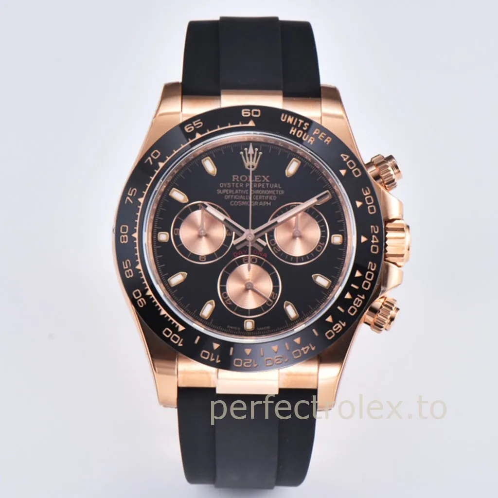Rolex-Daytona-M116515LN-0012-Super-Clone-Watch-40mm-Black-Dial-Rose-Gold-Chronograph-Rubber-Strap-Front-View-1