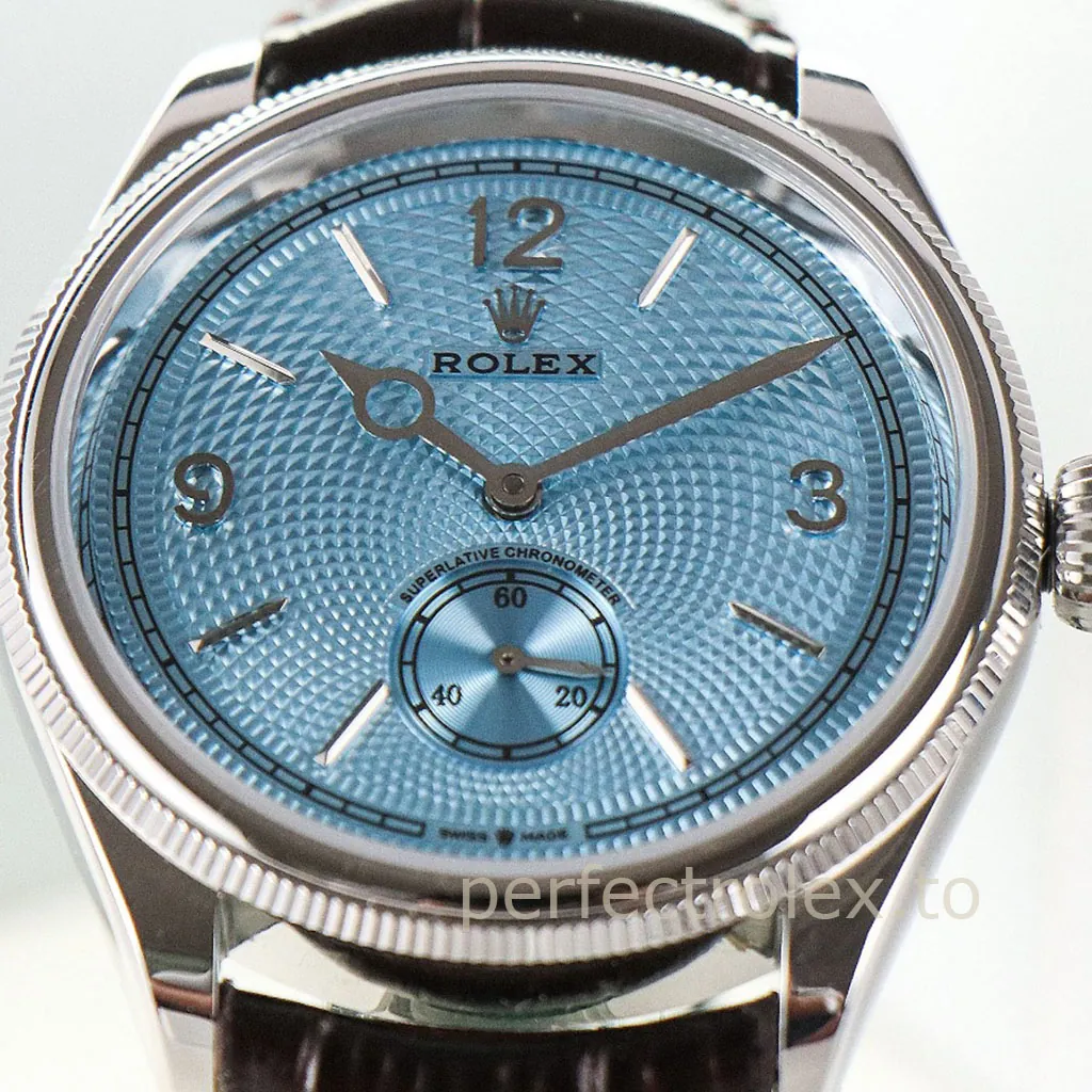 Rolex-Perpetual-1908-M52506-0002-Best-Replica-Watch-39mm-Ice-Blue-Guilloche-Dial-Leather-Strap-Dial-Detail-1