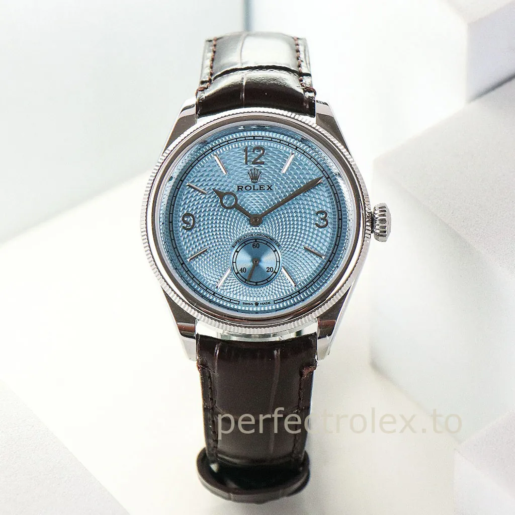 Rolex-Perpetual-1908-M52506-0002-Best-Replica-Watch-39mm-Ice-Blue-Guilloche-Dial-Leather-Strap-Front-View-1