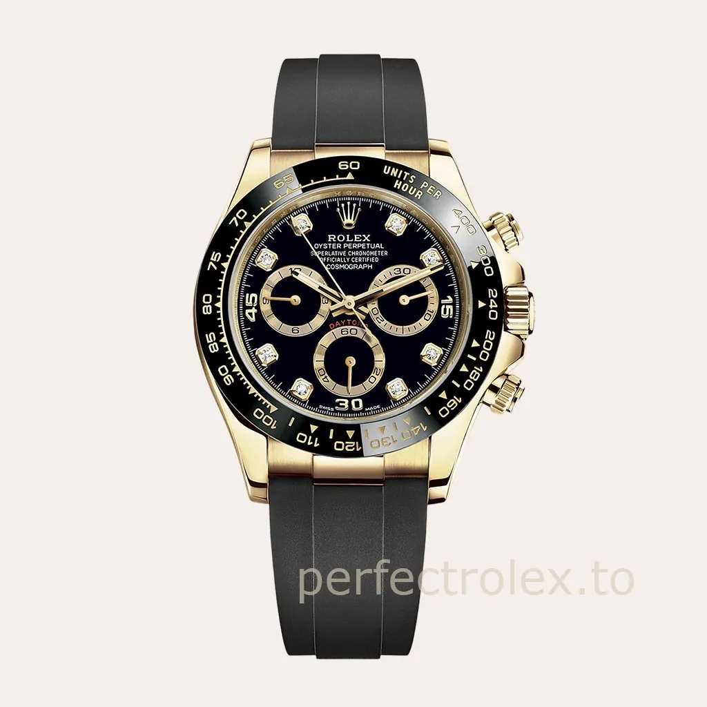 Rolex-Daytona-M116518LN-0078-Best-Replica-Watch-40mm-Black-Diamond-Dial-Gold-Eyes-Rubber-Strap-Hero-Image