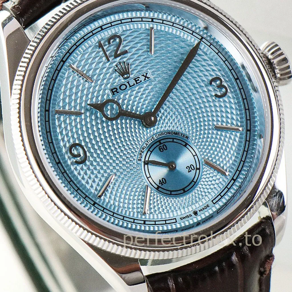 Rolex-Perpetual-1908-M52506-0002-Best-Replica-Watch-39mm-Ice-Blue-Guilloche-Dial-Leather-Strap-Dial-Detail-2