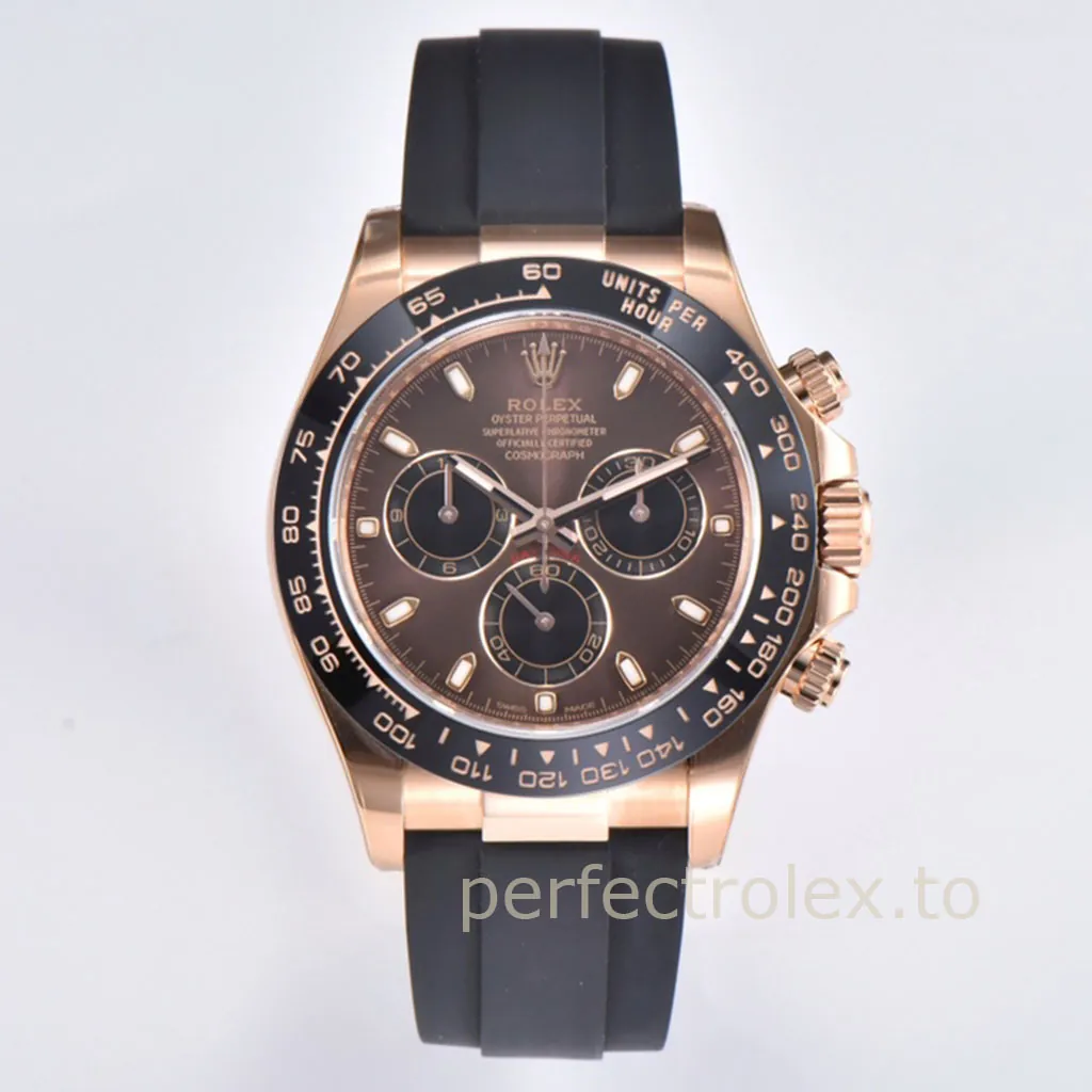 Rolex-Daytona-M116515-Swiss-Replica-Watch-40mm-Chocolate-Dial-Rose-Gold-Chronograph-Rubber-Strap-Front-View-1