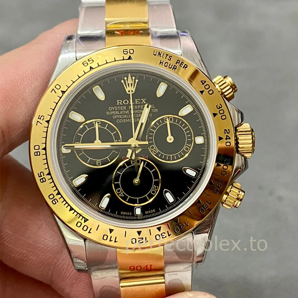 Best-Rolex-Daytona-116503BLK-Replica-Watch-40mm-Black-Dial-Gold-Tachymeter-Bezel-Front-View-1