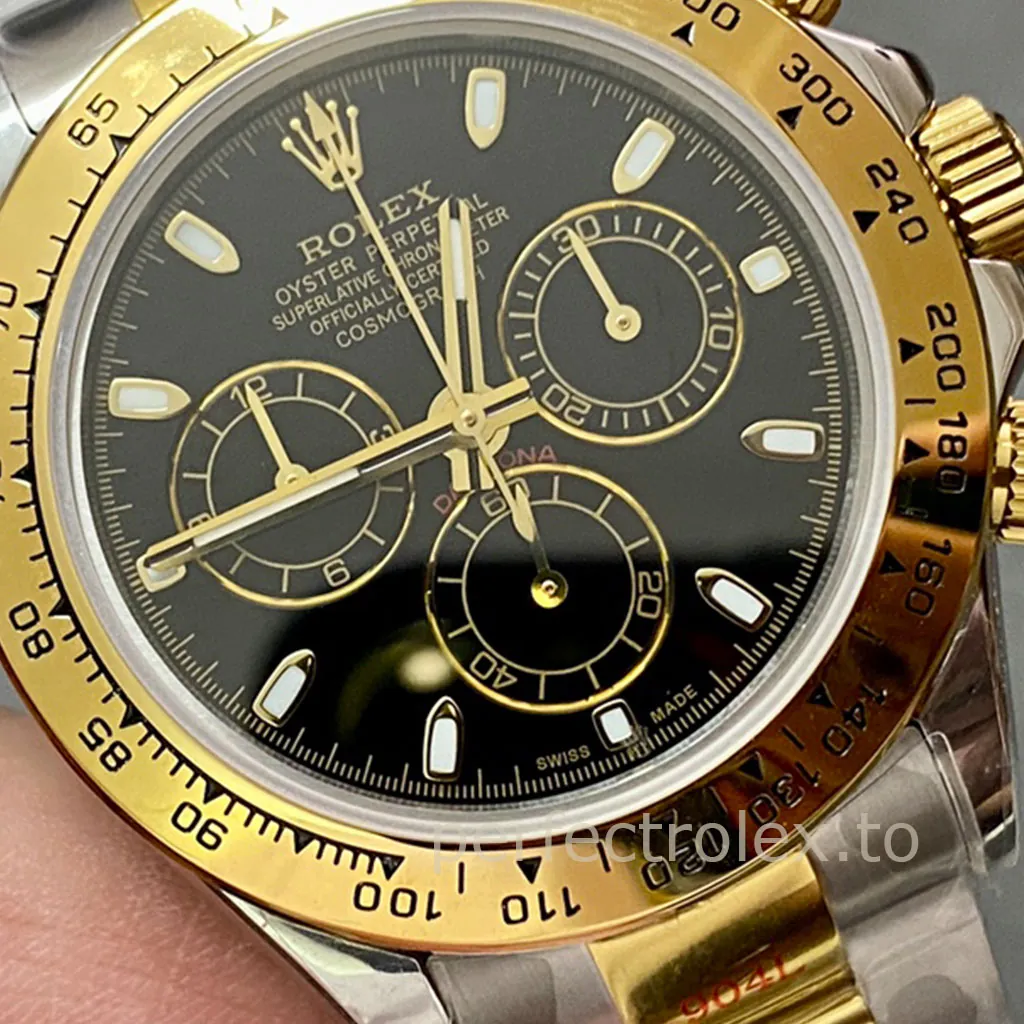 Best-Rolex-Daytona-116503BLK-Replica-Watch-40mm-Black-Dial-Gold-Tachymeter-Bezel-Dial-Detail-1